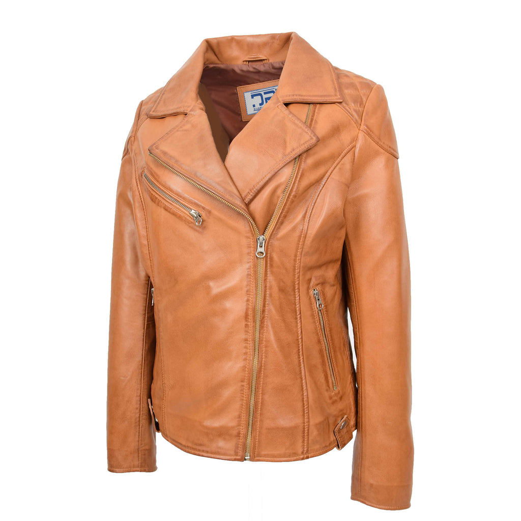 DR570 Women's Cross Zip Pocketed Real Leather Biker Jacket Tan 1