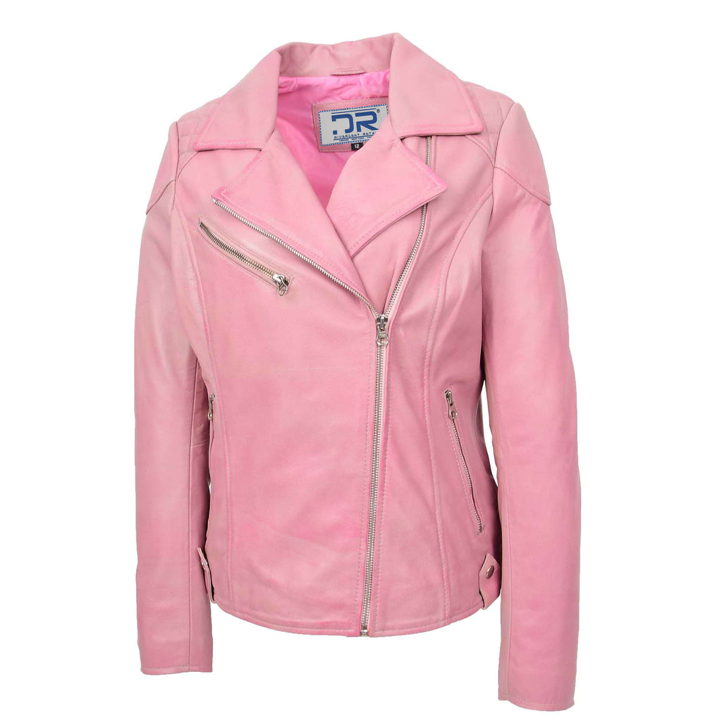 DR570 Women's Cross Zip Pocketed Real Leather Biker Jacket Pink 1