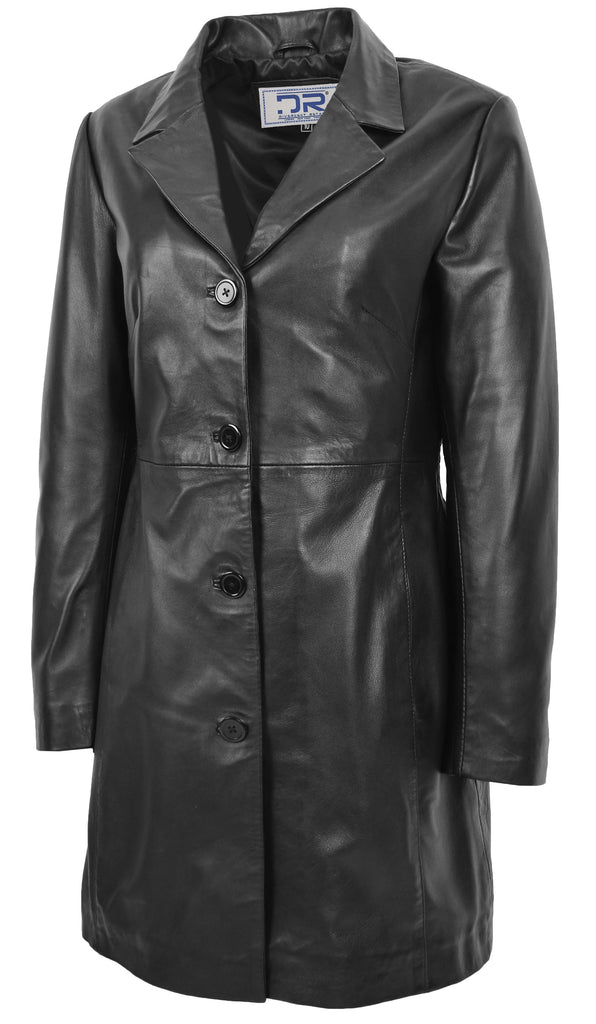 DR424 Women's Smart Long Leather Coat Black 4