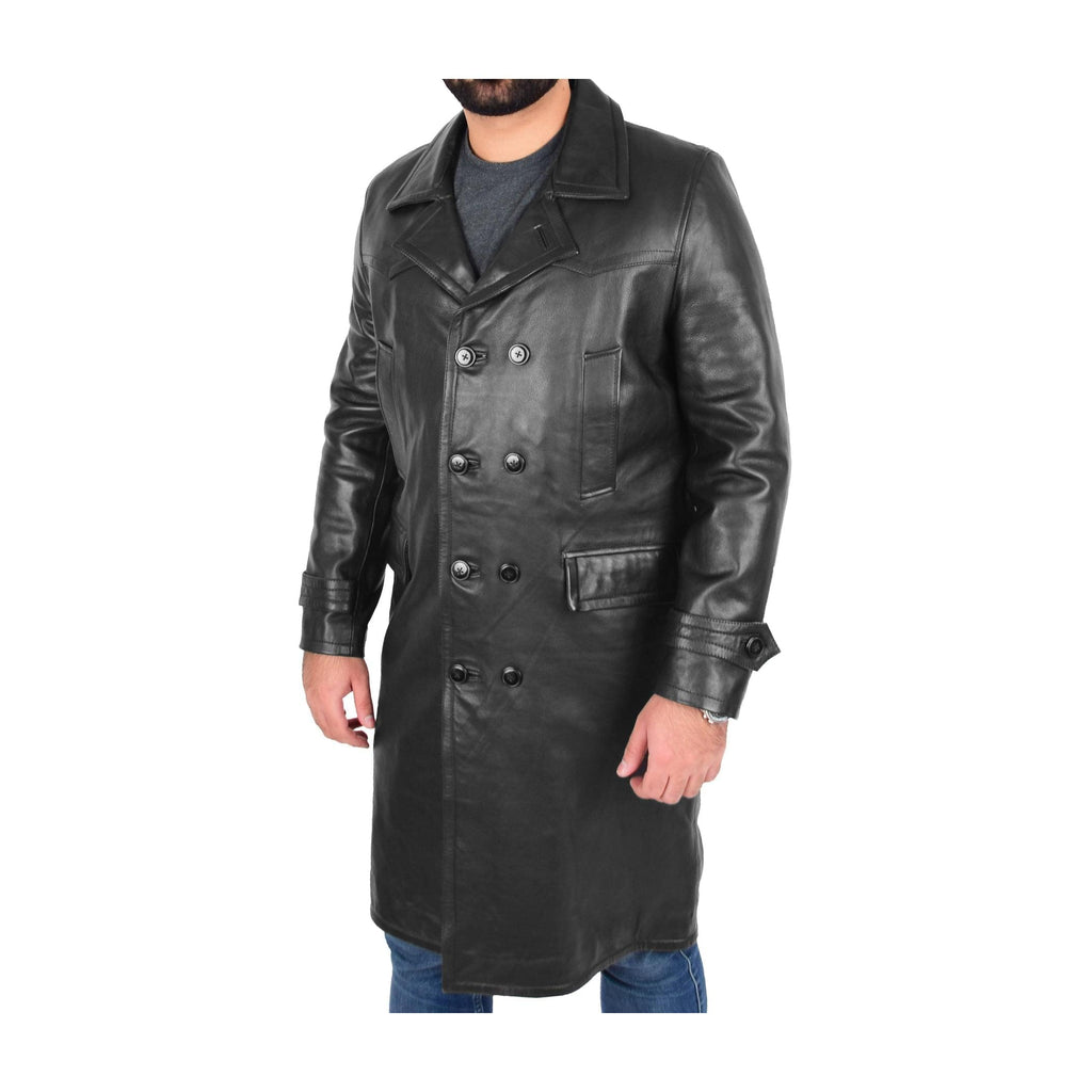 DR102 Men’s Trench Leather Coat 3/4 Long Overcoat Black 1
