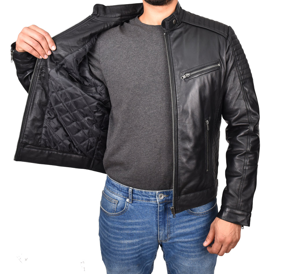 DR101 Men's Leather Cafe Racer Biker Jacket Black 9