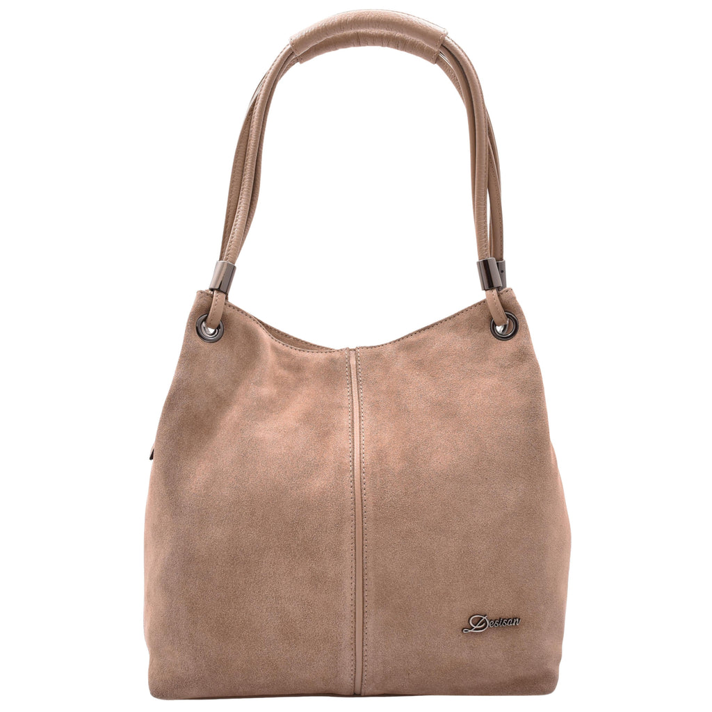 DR593 Women's Suede Leather Large Shoulder Bag Zip Hobo Taupe 1