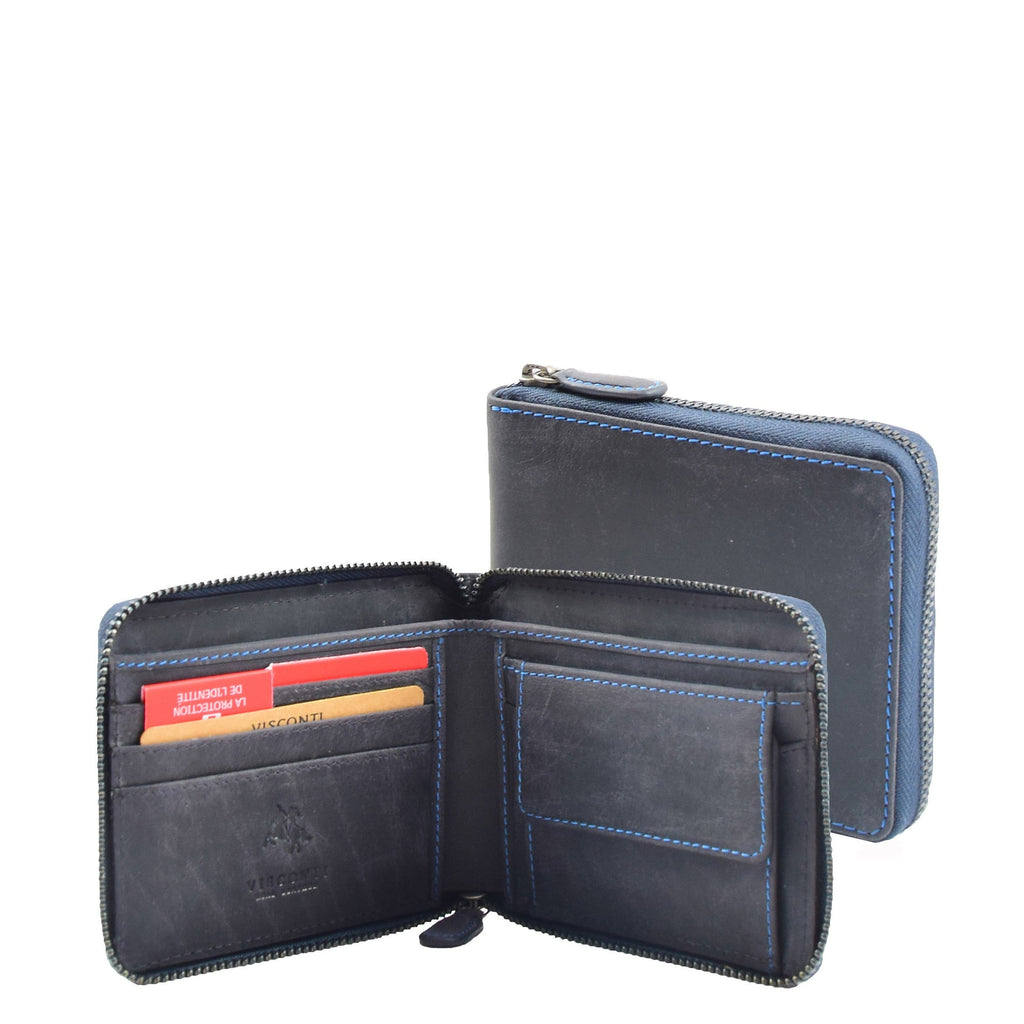 DR659 Men's Real Oiled Leather Round Zip RFID Wallet Blue 1