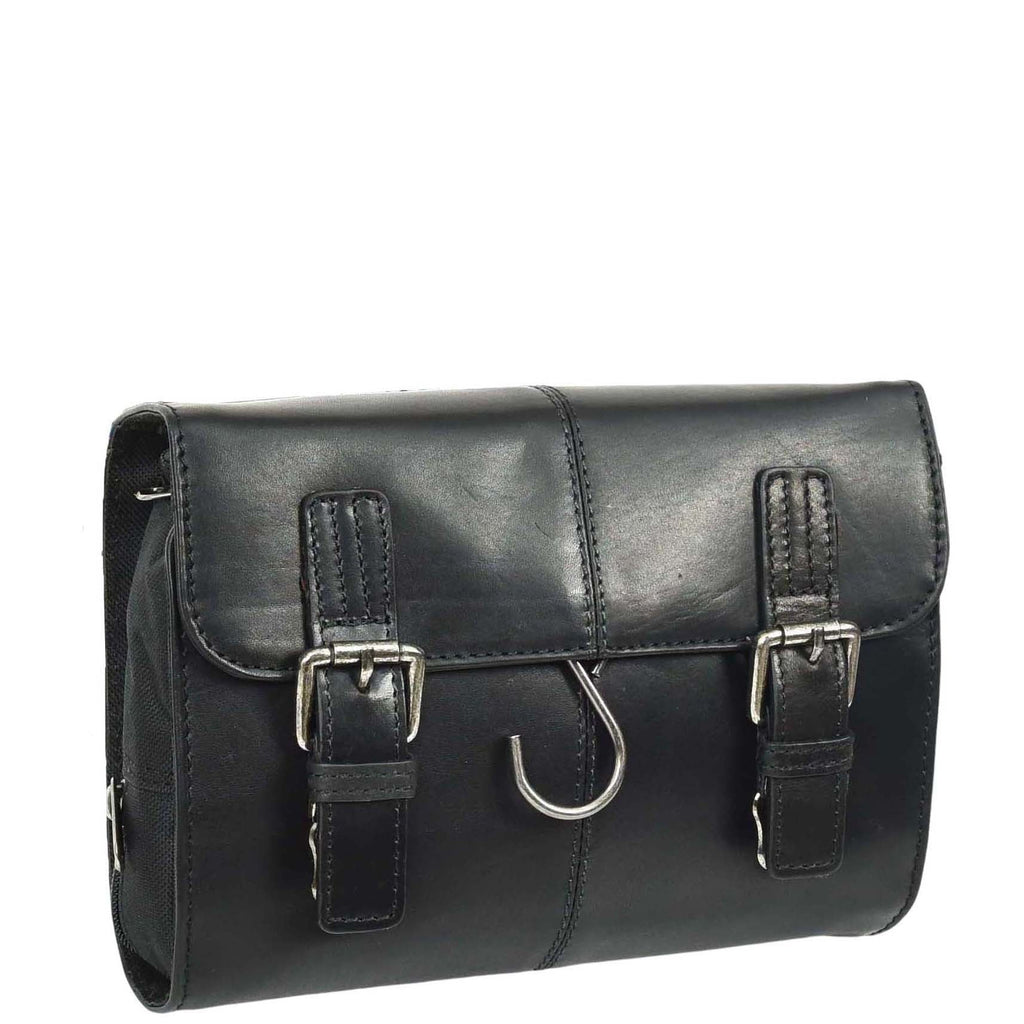 DR666 Genuine Cow Waxed Leather Toiletry Wash Bag Black 1