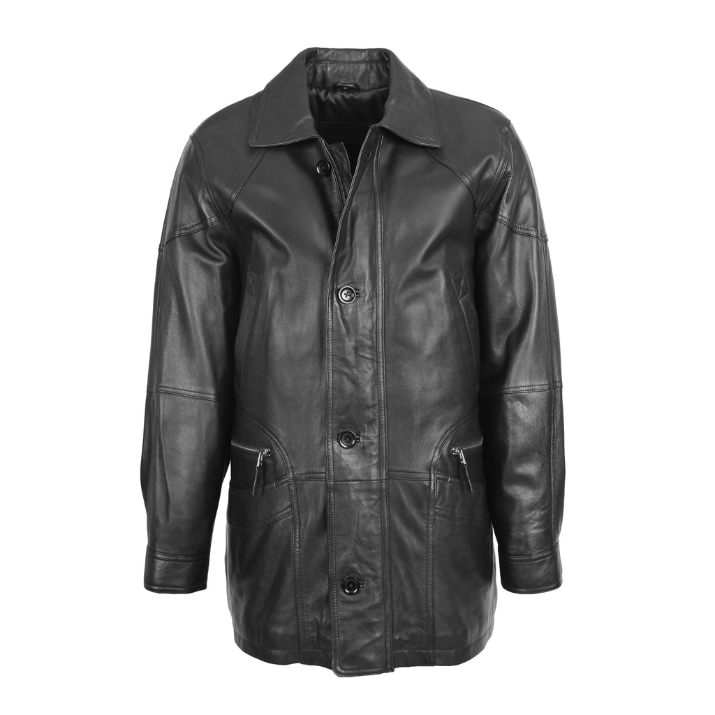 DR113 Men’s Leather Parka Overcoat Black 1