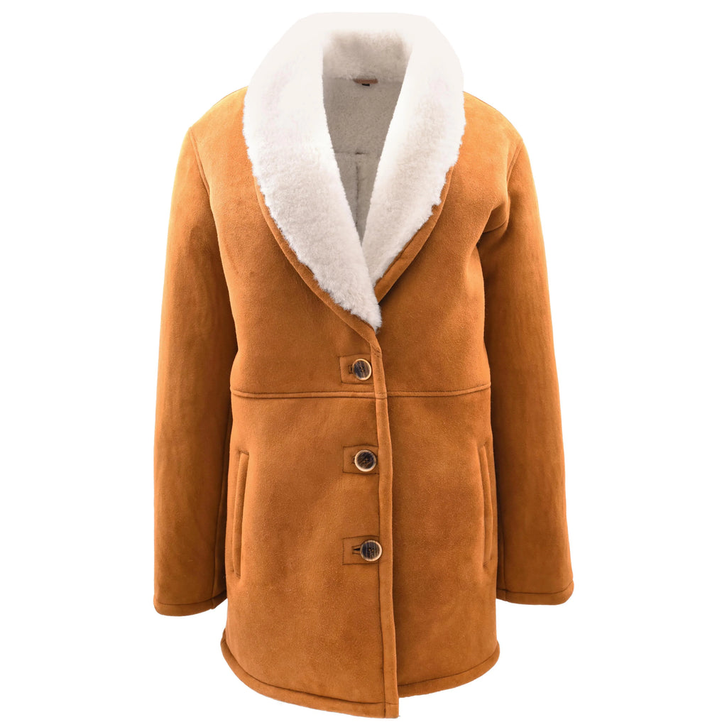 DR595 Womens Real Sheepskin Coat Mid Length White Fur Colure Tan 1