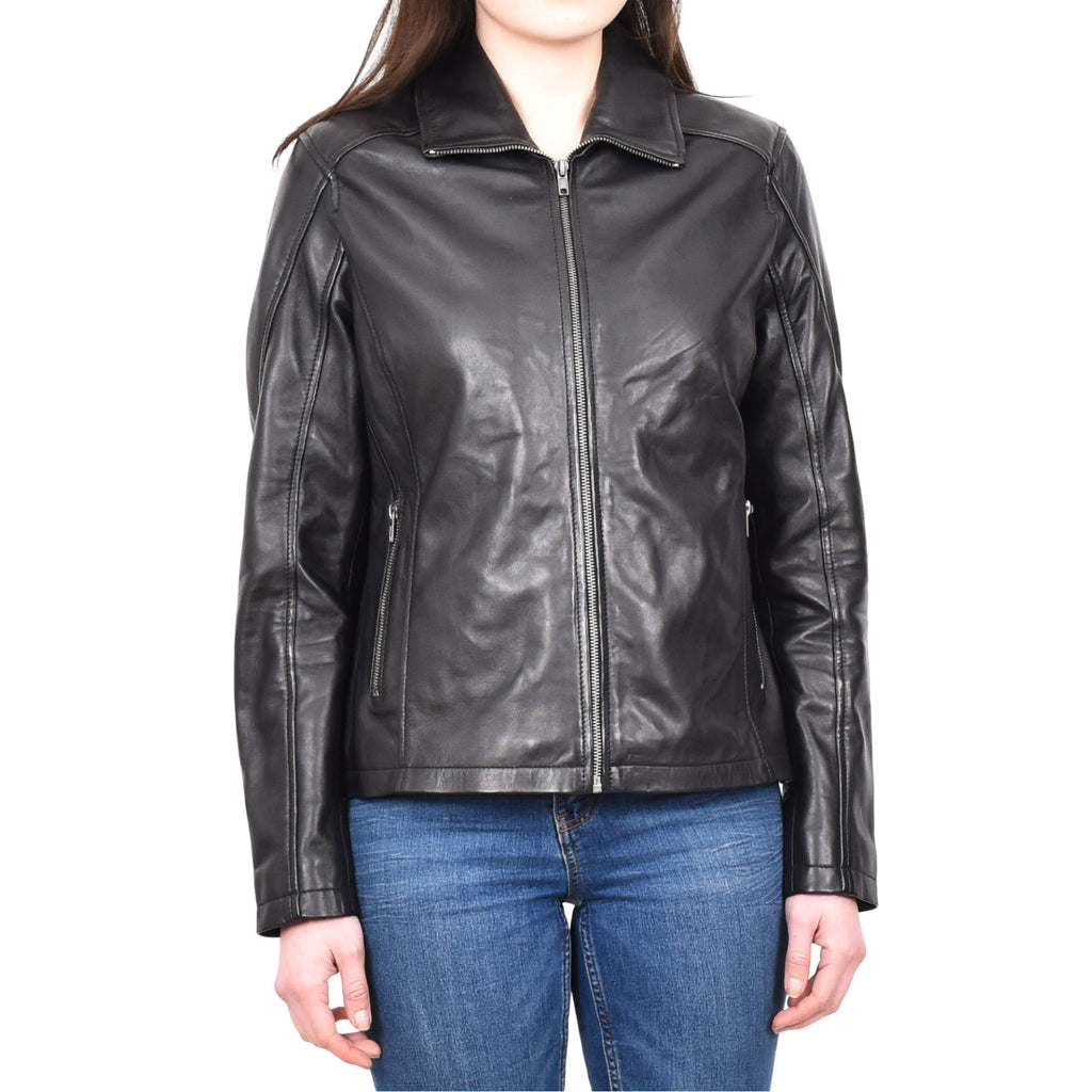 Women's Classic Box Zip Up Biker Genuine Leather Jacket Raven Black