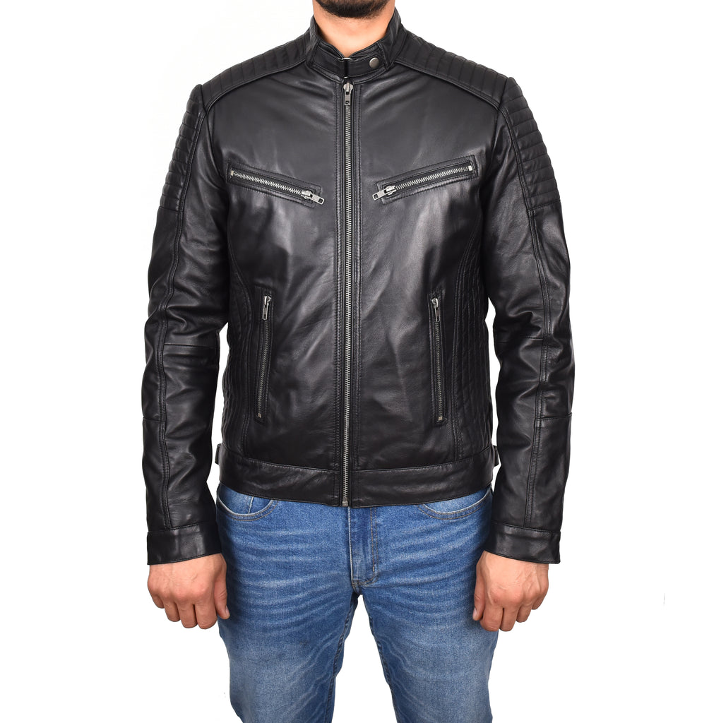 DR101 Men's Leather Cafe Racer Biker Jacket Black 1