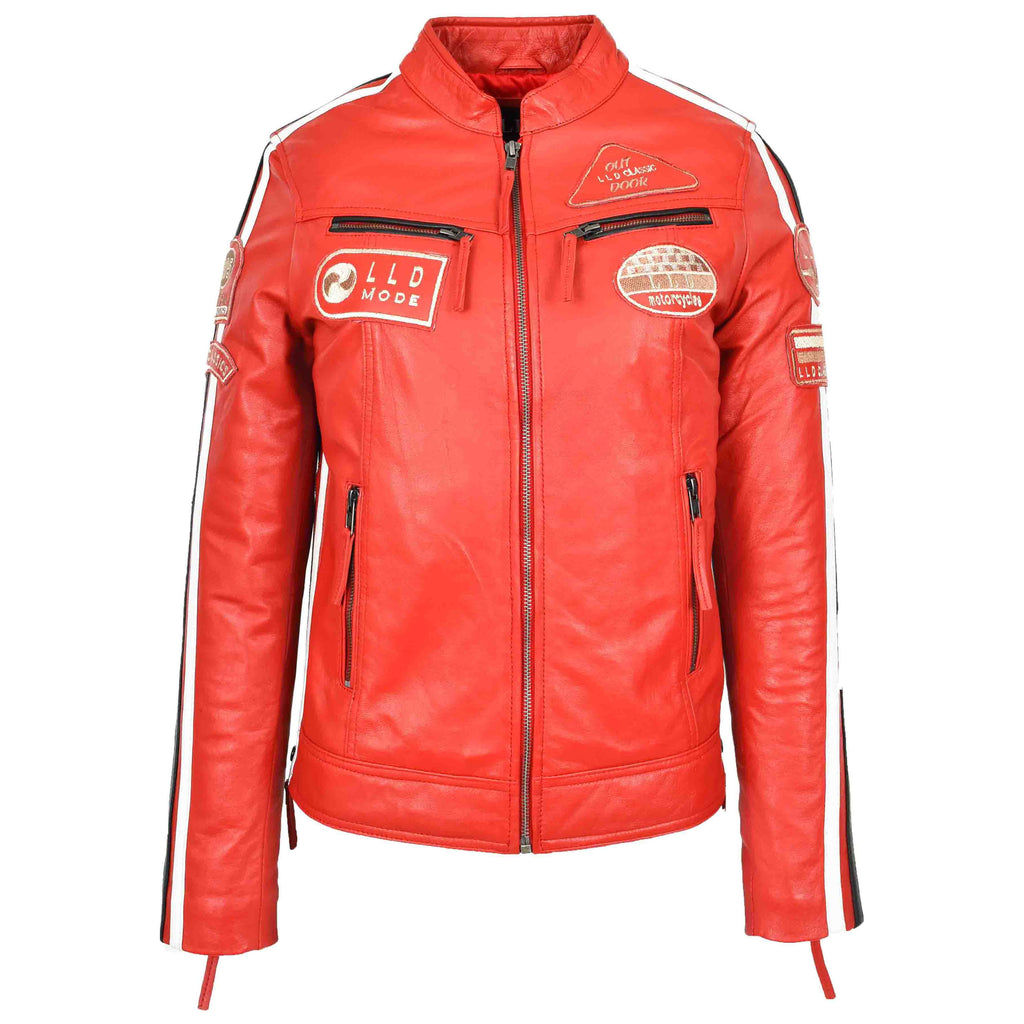 DR674 Women's Soft Real Leather Racing Biker Jacket Red 1