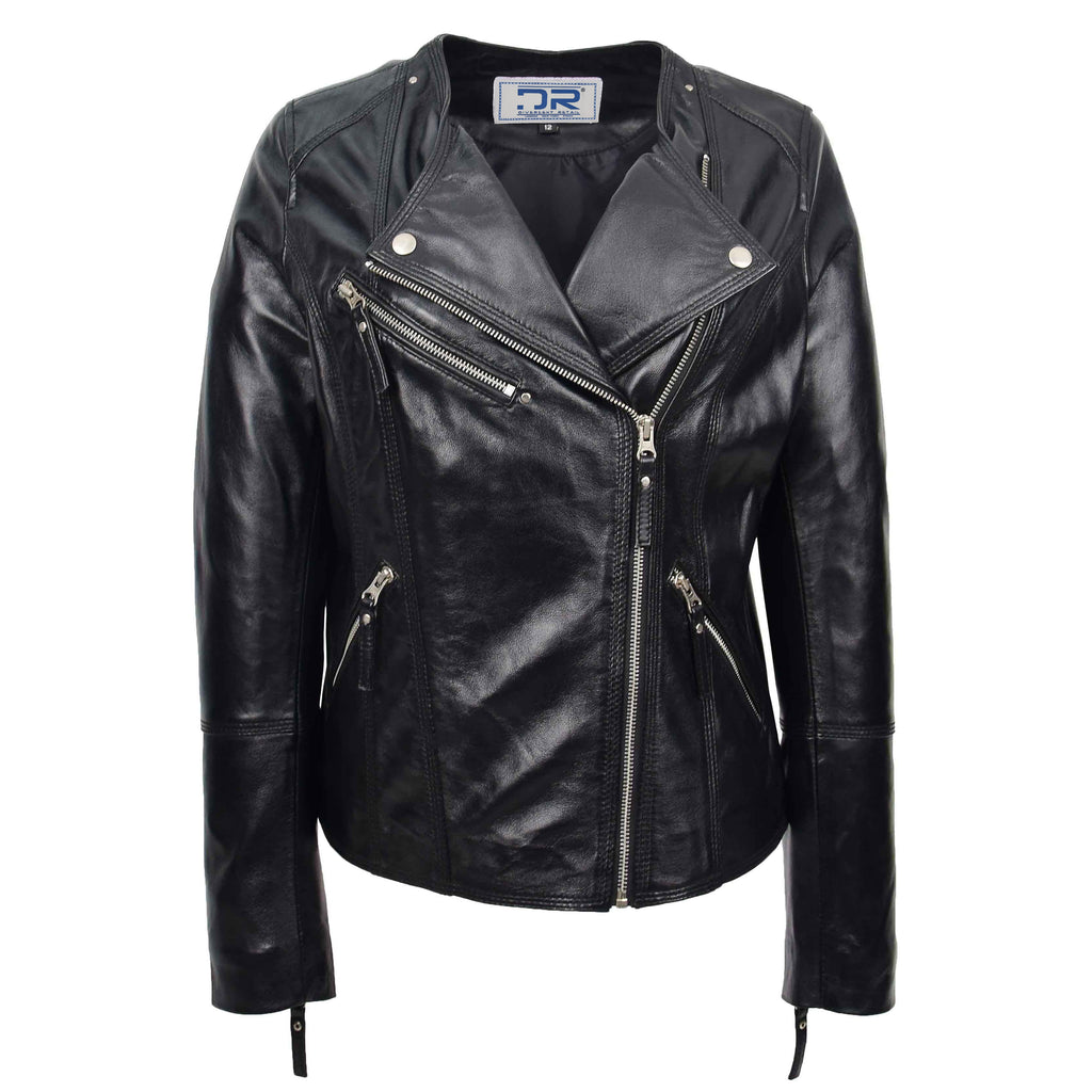 DR572 Women's Casual Cross Zip Leather Jacket Black 1