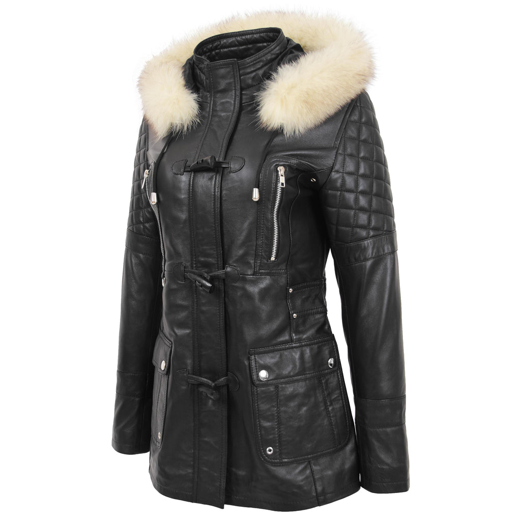 DR227 Women's Original Duffle Style Leather Coat Black 3