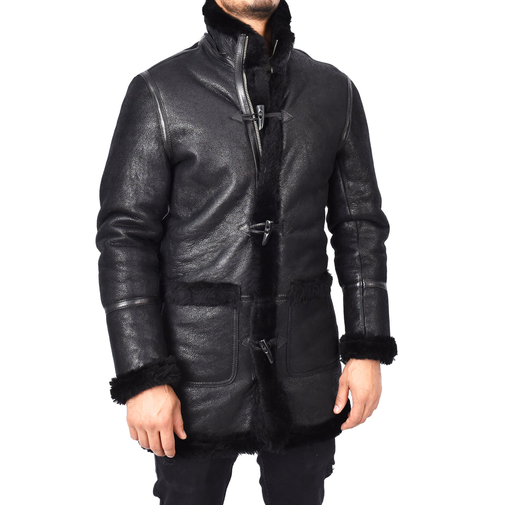 Mens Winter Sheepskin Hooded Duffel Coat ¾ Length Shearling Ronald Black 1