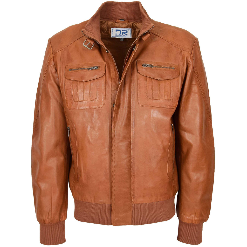 DR110 Men's Bomber Style Leather Jacket Tan 1