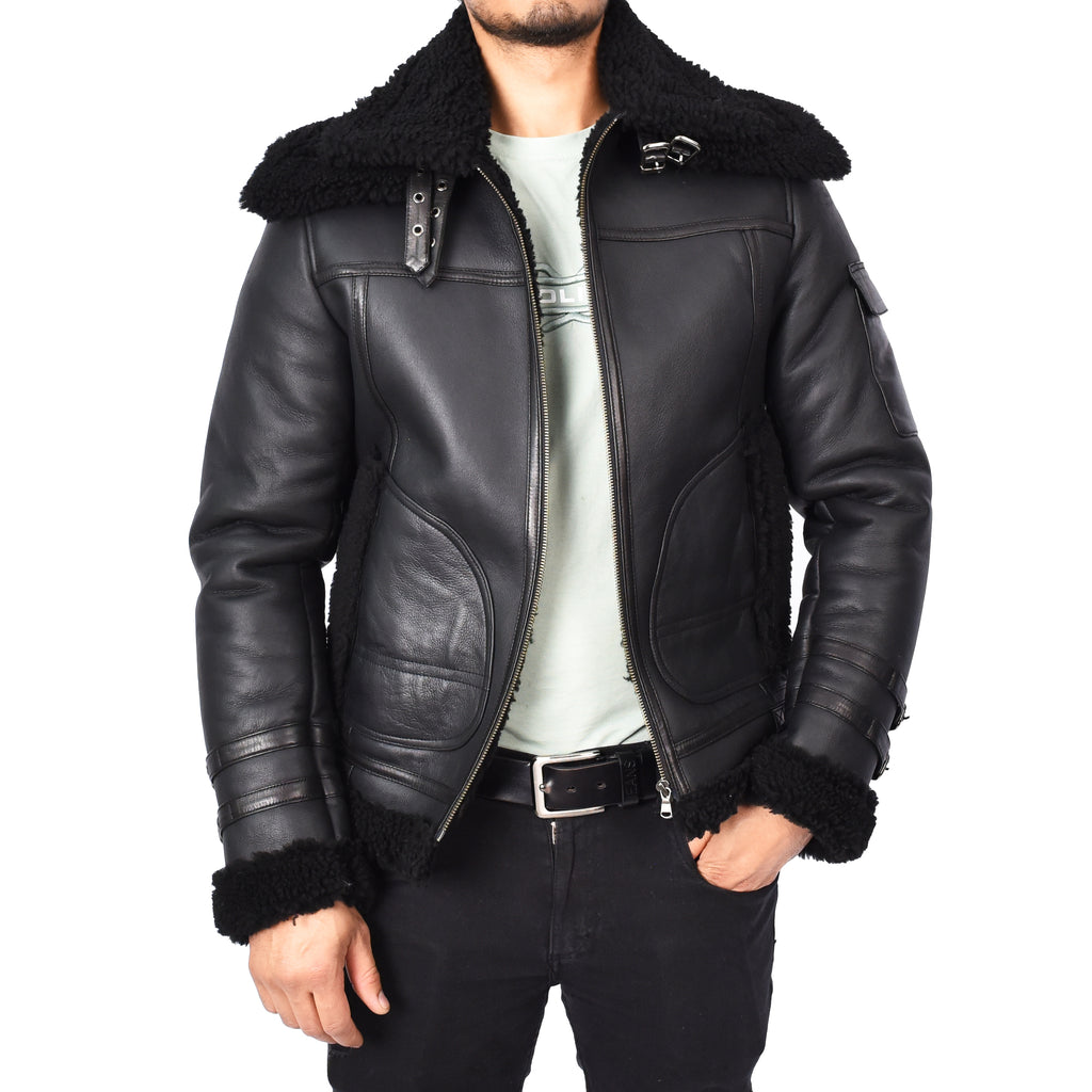 Mens Retro Biker Real Sheepskin Jacket Motorcycle Style Magnus Black 1