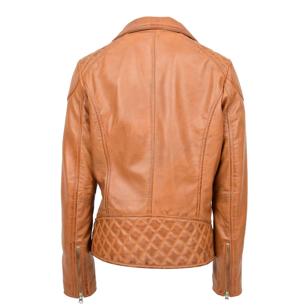 DR570 Women's Cross Zip Pocketed Real Leather Biker Jacket Tan 2