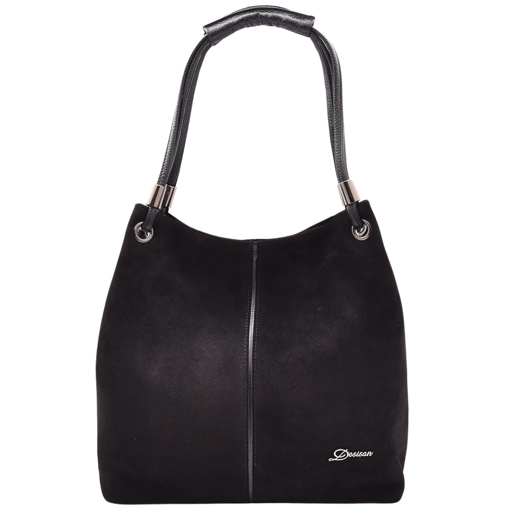 DR593 Women's Suede Leather Large Shoulder Bag Zip Hobo Black 1