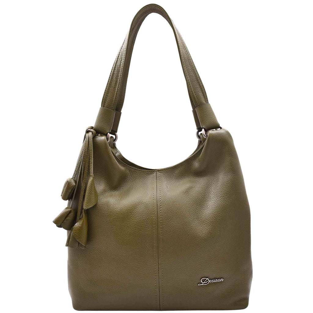DR583 Women's Large Leather Hobo Bag With Zip Opening Olive 1