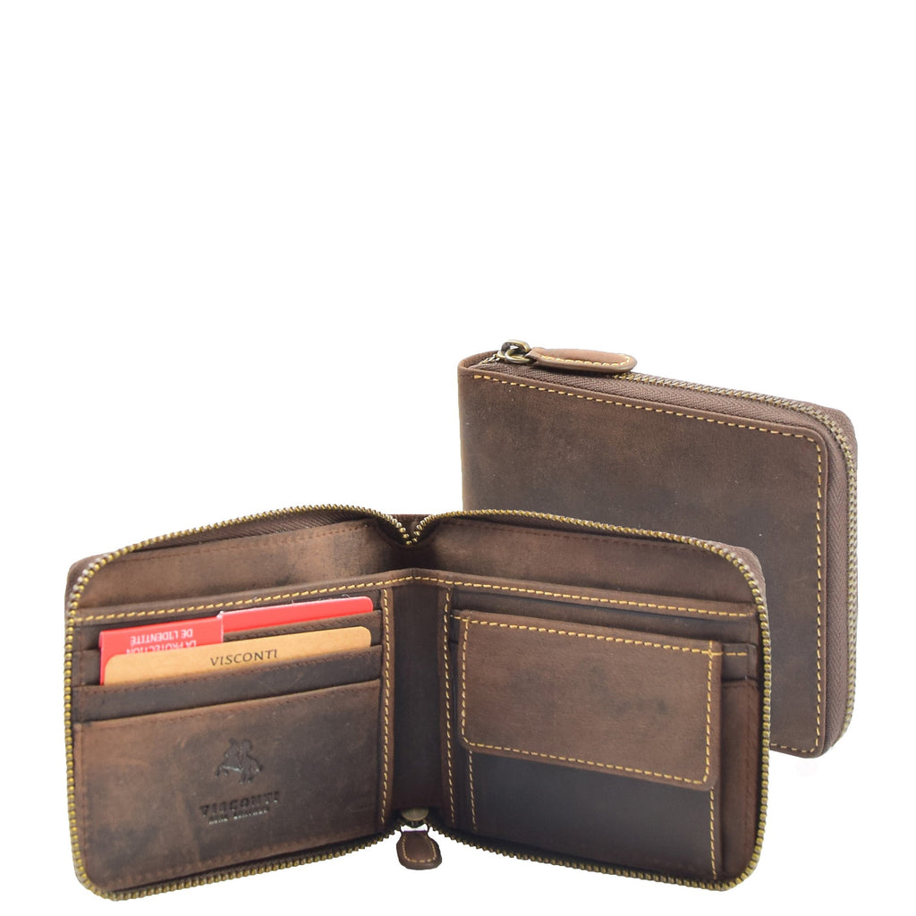 DR659 Men's Real Oiled Leather Round Zip RFID Wallet Brown 1