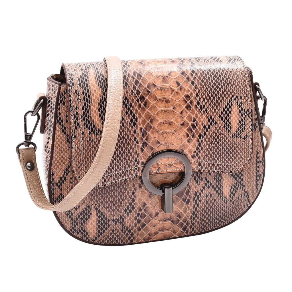DR578 Women's Genuine Leather Small Sized Cross Body Bag Snake Print Taupe 1