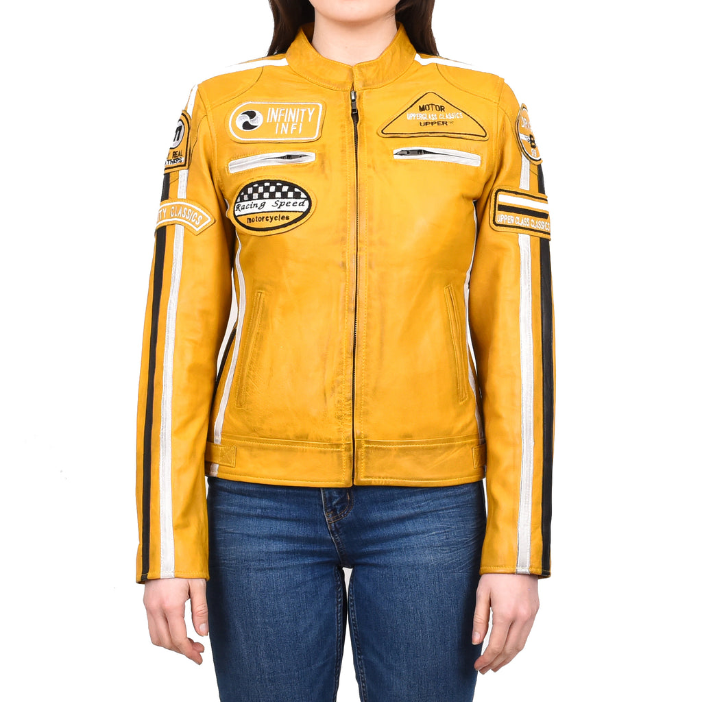 Women's Genuine Leather Biker Racing Badges Jacket Café Racer Yellow Rayne 1