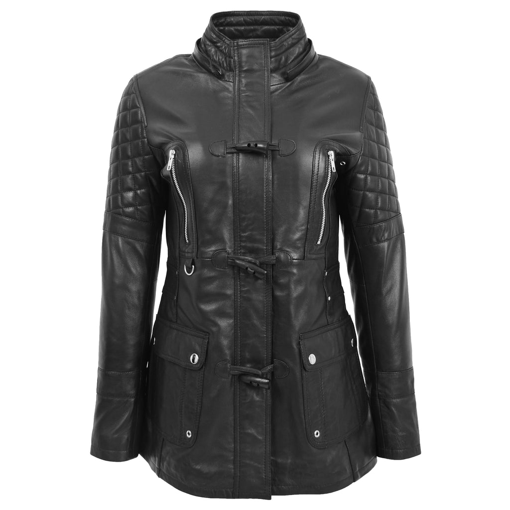 DR227 Women's Original Duffle Style Leather Coat Black 4