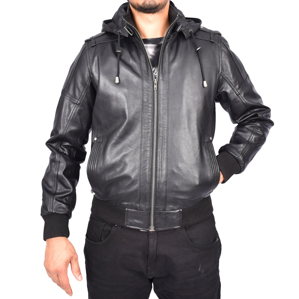 Men's Soft Sheep Nappa Leather Bomber Jacket Removable Hood Kent Black 1