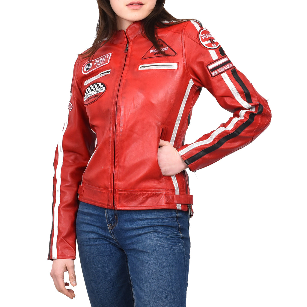 Women's Genuine Leather Biker Racing Badges Jacket Café Racer Red Rayne 1