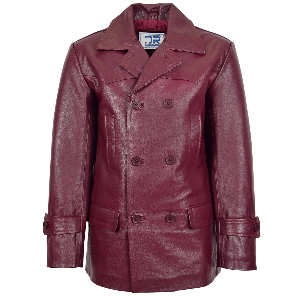 DR103 Men’s Trench Leather Fitted Reefer Military Overcoat Burgundy 1