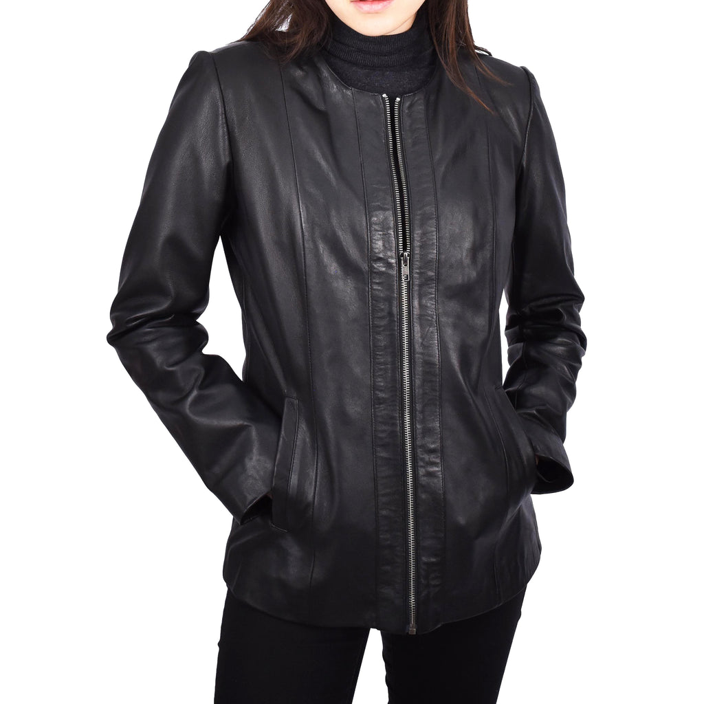 Women's Collarless Biker Real Leather Jacket Black Eclipse