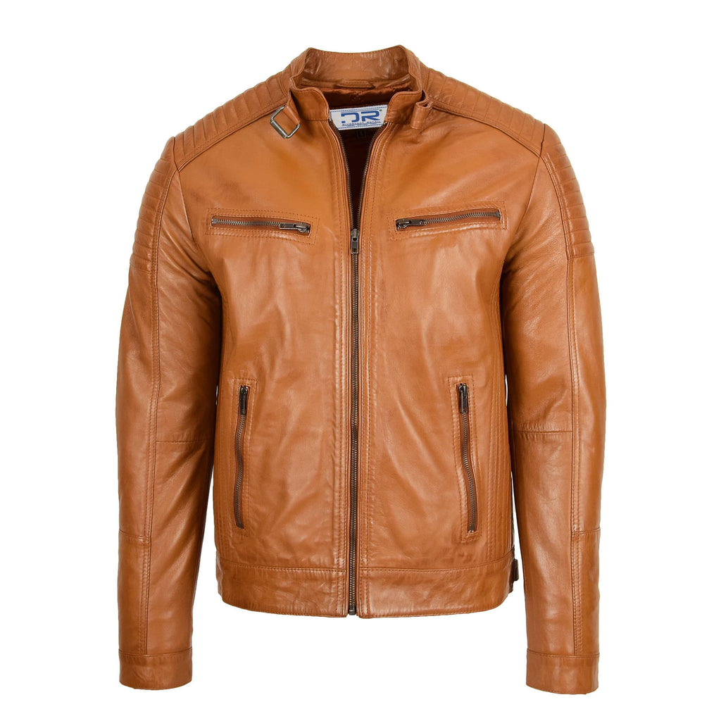 DR101 Men's Leather Cafe Racer Biker Jacket Tan 1