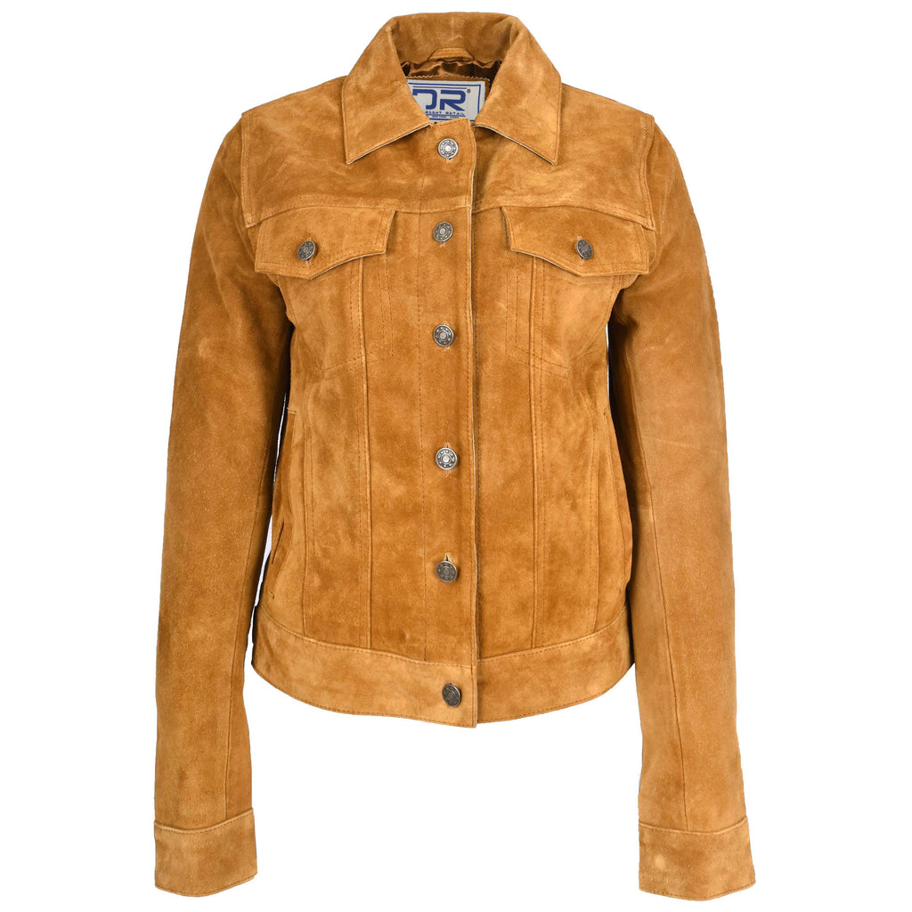 Women's Retro Denim Style Real Suede Jacket Tan Trucka 1
