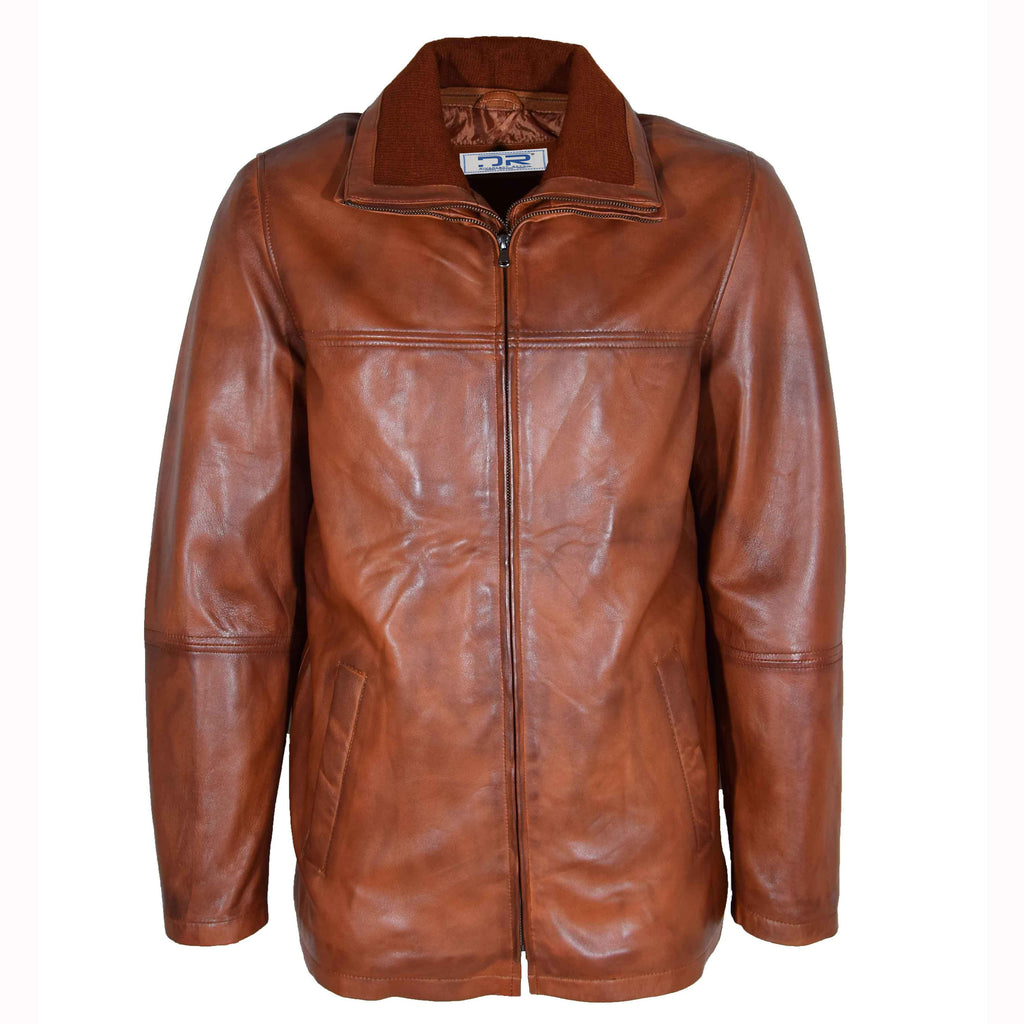 DR563 Men’s Genuine Leather Coat Detachable Collar Lining Cognac 1