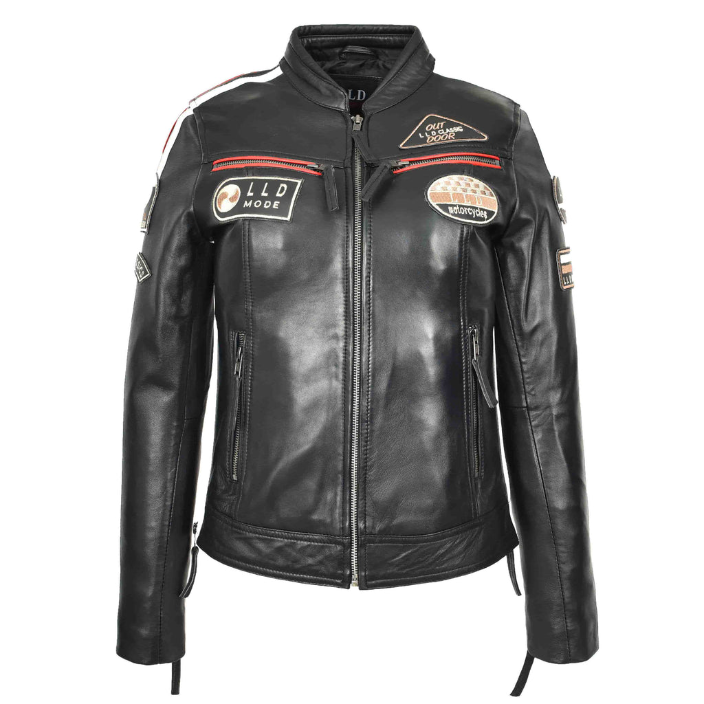 DR674 Women's Soft Real Leather Racing Biker Jacket Black 1