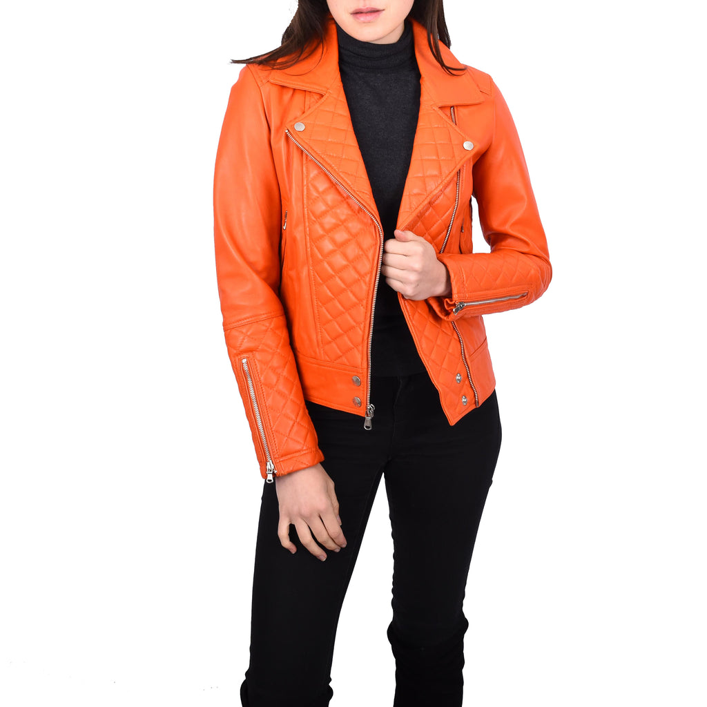 Women's Real Leather Biker Jacket with Quilt Detail Orange Motoquilt 1