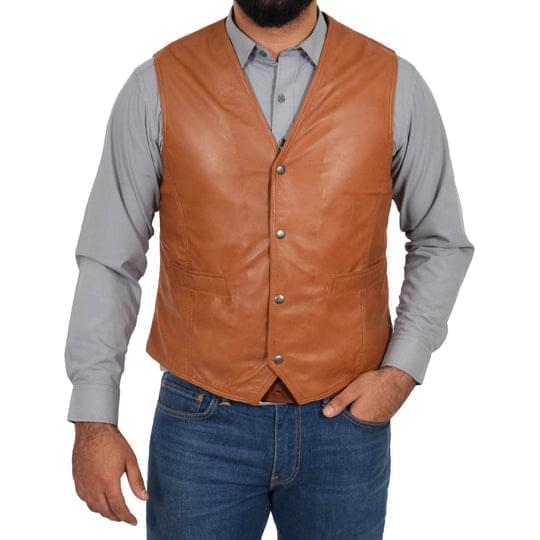DR105 Men’s Classic Leather Waistcoat Tan 3