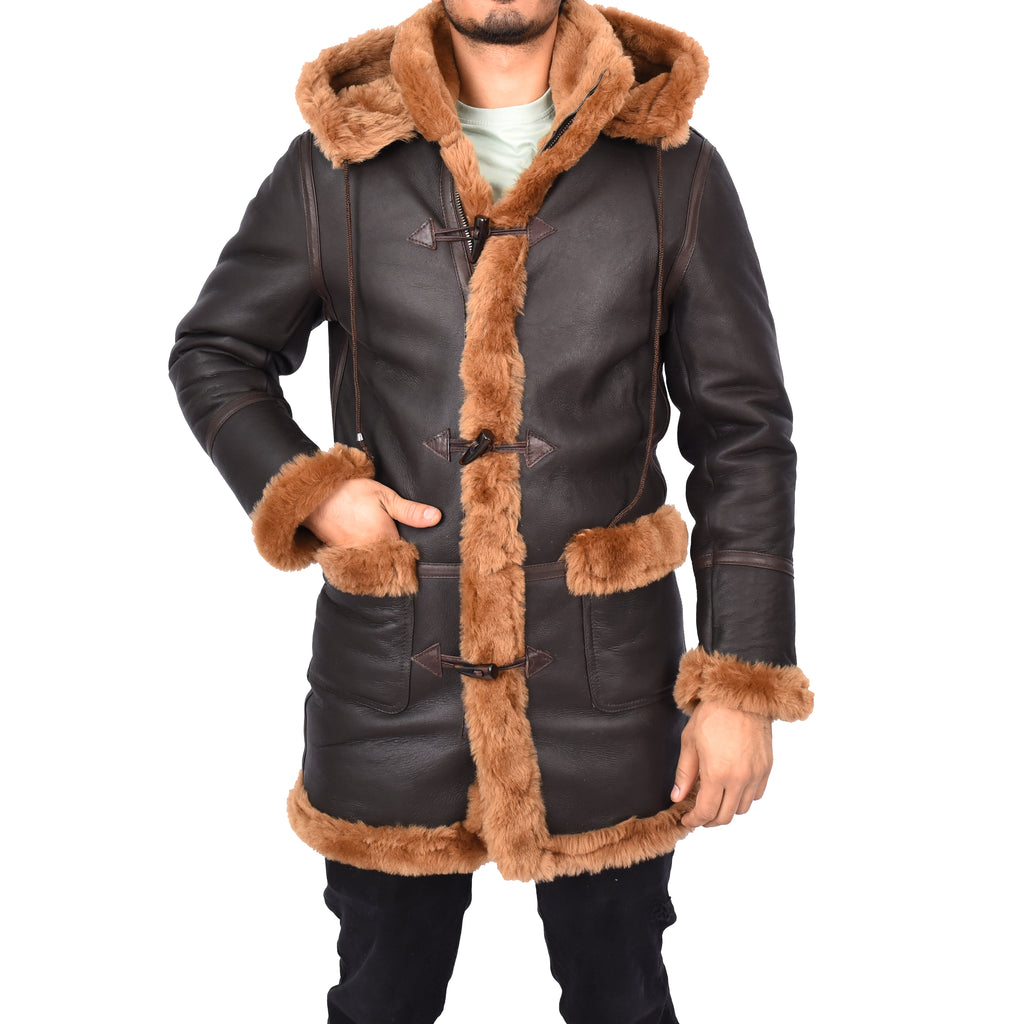 Mens Winter Sheepskin Hooded Duffel Coat ¾ Length Shearling Ronald Brown 1