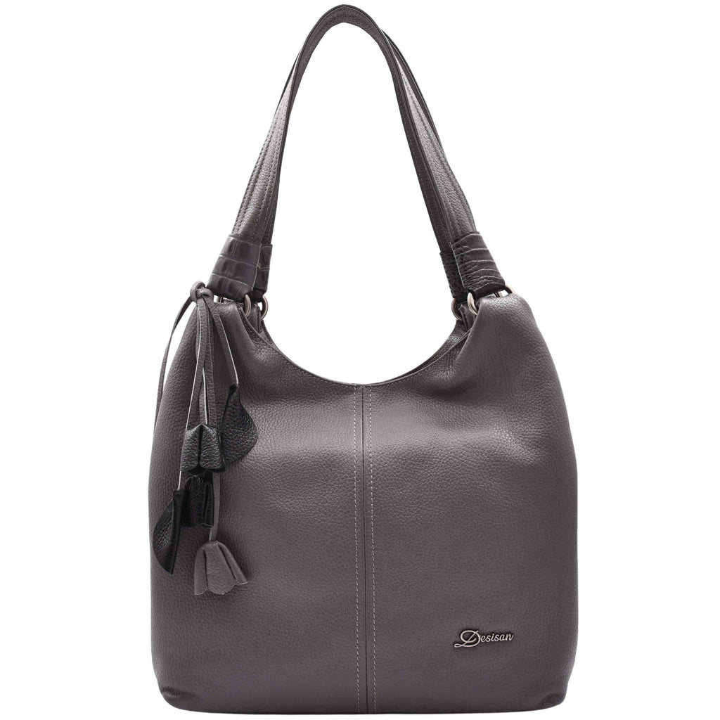 DR583 Women's Large Leather Hobo Bag With Zip Opening Grey 1