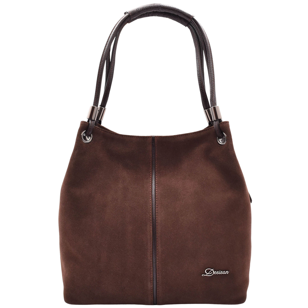 DR593 Women's Suede Leather Large Shoulder Bag Zip Hobo Brown 1