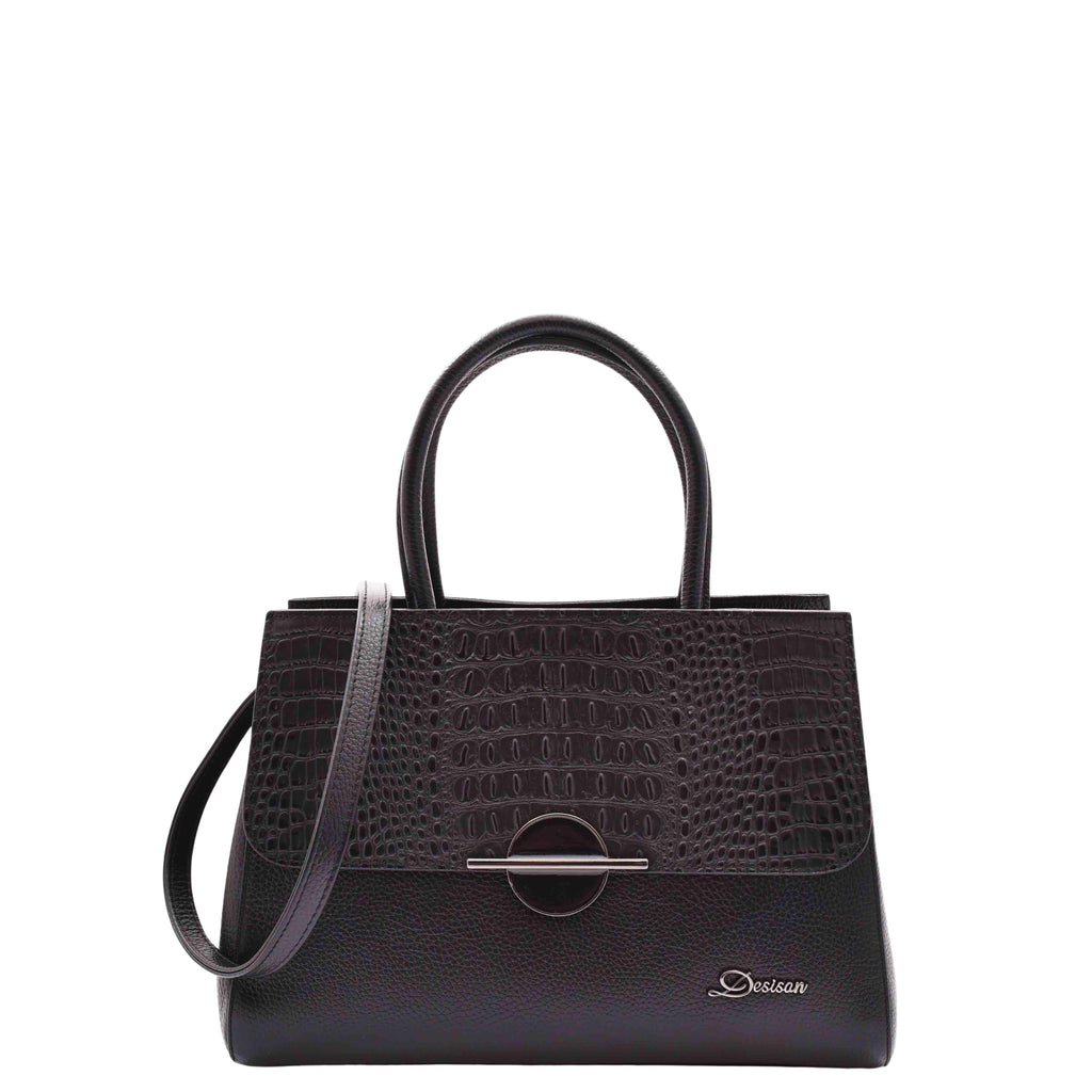 DR580 Women's Genuine Leather Long Strap Croc Print Handbag Black 1