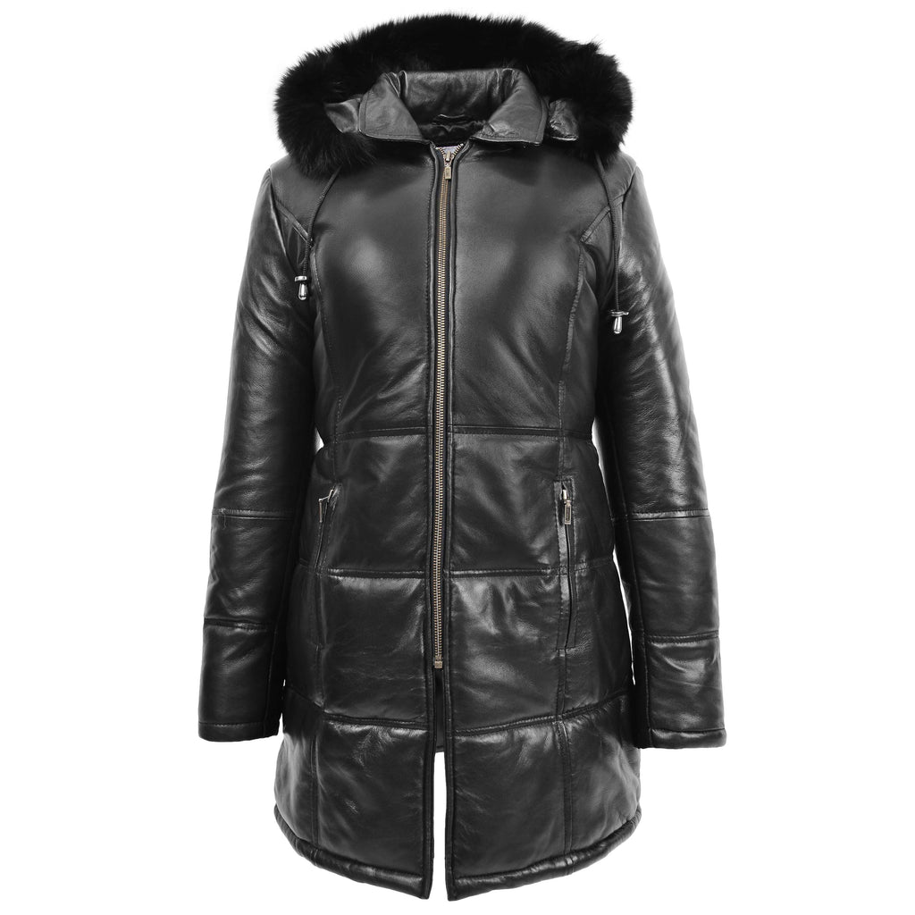 DR254 Women’s Leather 3/4 Length Puffer Coat Black 1