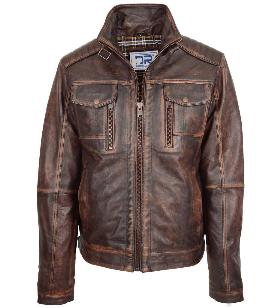 DR560 Men's Urban Biker Style Leather Jacket Brown 1