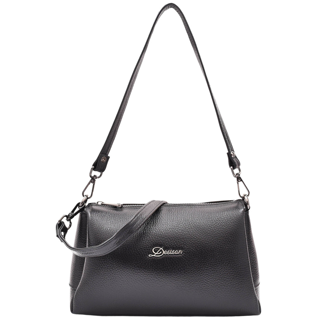 DR597 Women's Genuine Leather Small Zip Handbag Shoulder Bag Black 1