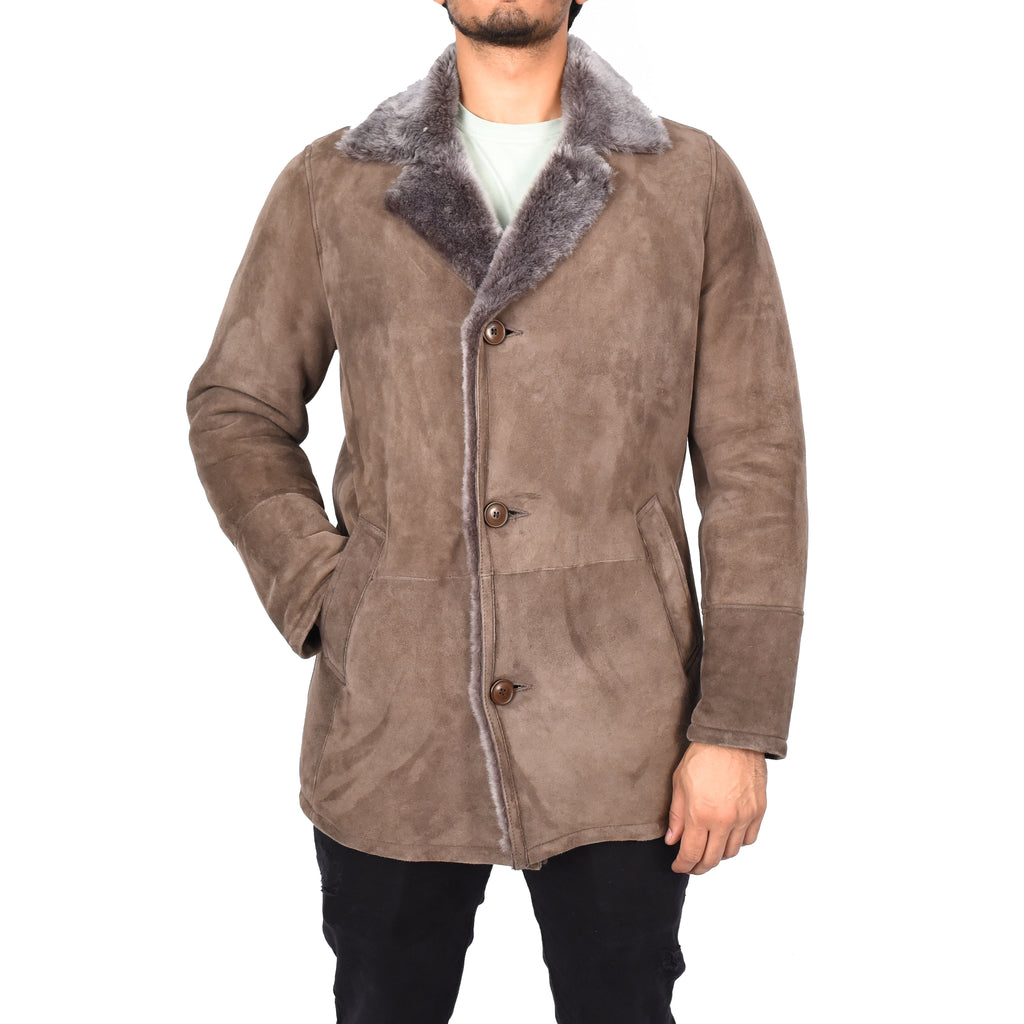 Mens Luxury Merino Sheepskin Classic Car Coat Shearling Walter Taupe 1