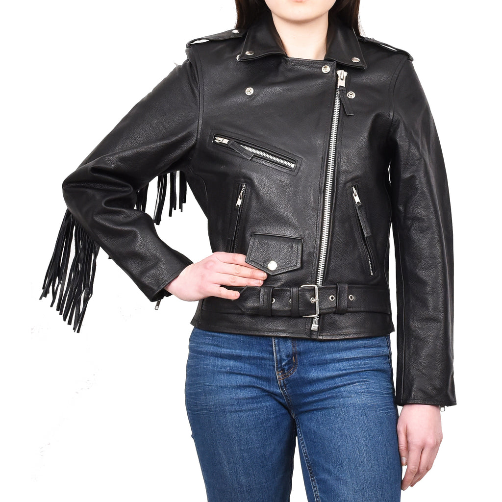 Women's Cowhide Leather Biker Jacket Brando Fringes Cross Zip Vinga Black