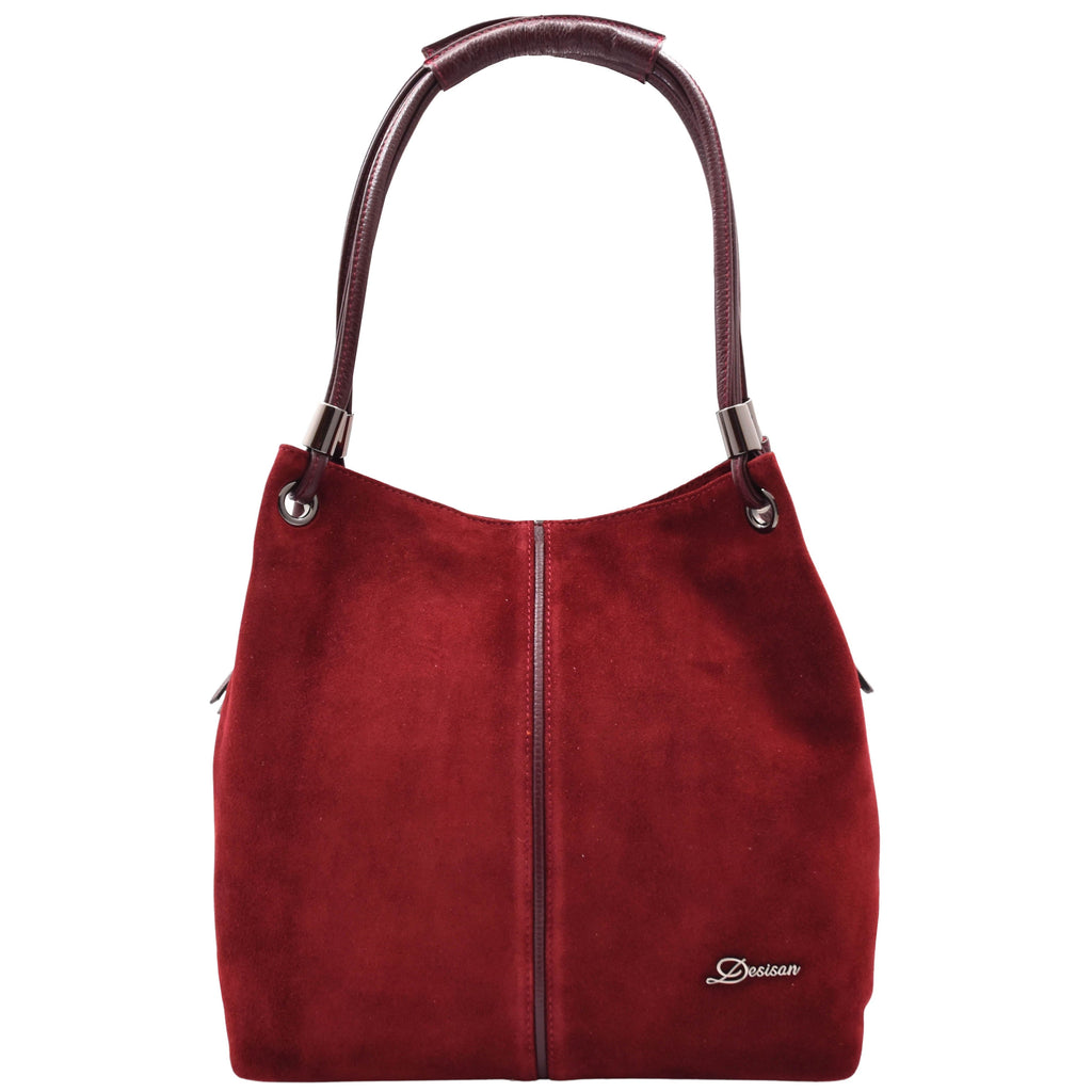 DR593 Women's Suede Leather Large Shoulder Bag Zip Hobo Burgundy 1