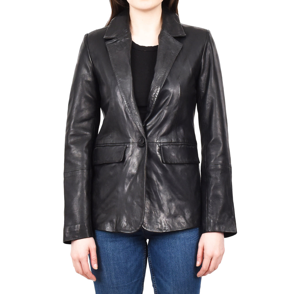 Women's Sheep Leather Single Button Blazer Jacket Classic Lilja Black 1