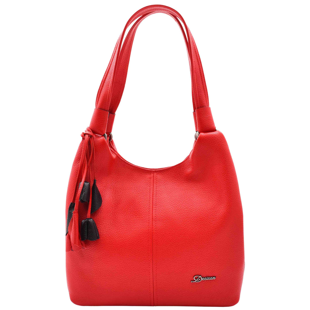 DR583 Women's Large Leather Hobo Bag With Zip Opening Red 1