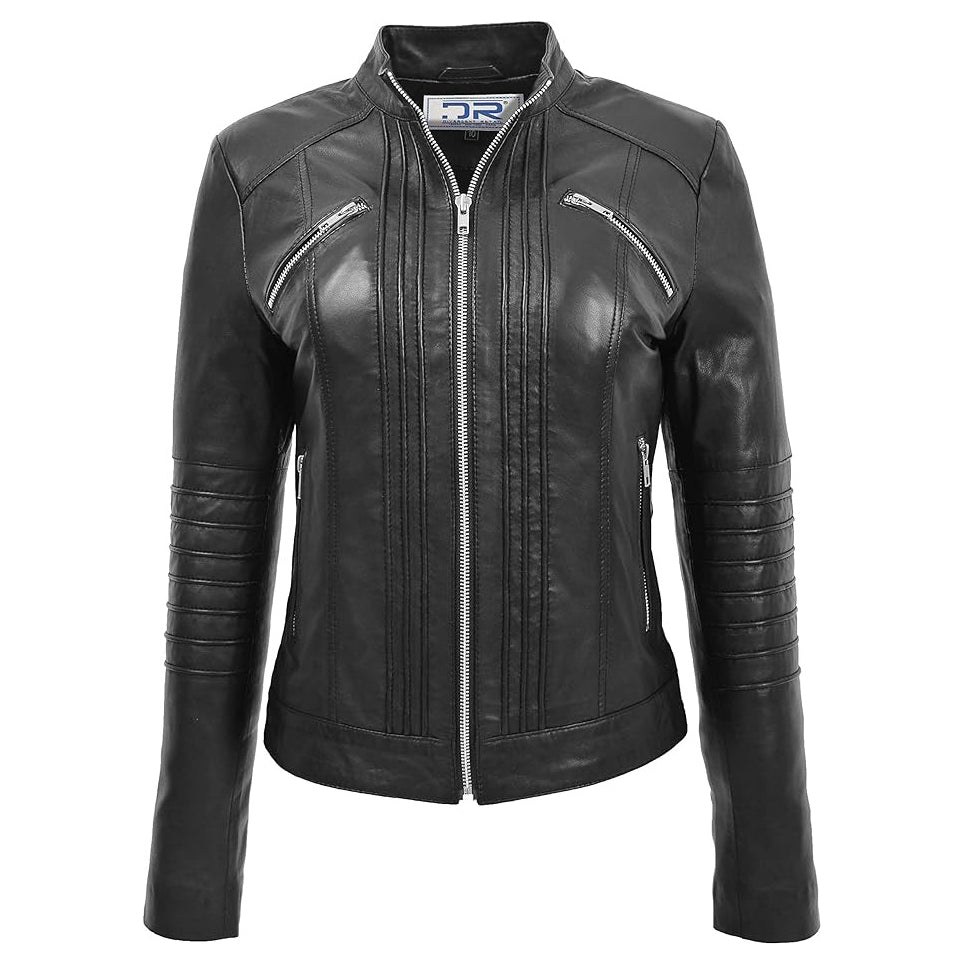 DR222 Women's Casual Biker Leather Jacket Black 1
