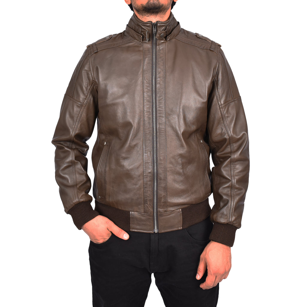 Men's Soft Sheep Nappa Leather Bomber Jacket Removable Hood Kent Brown 1