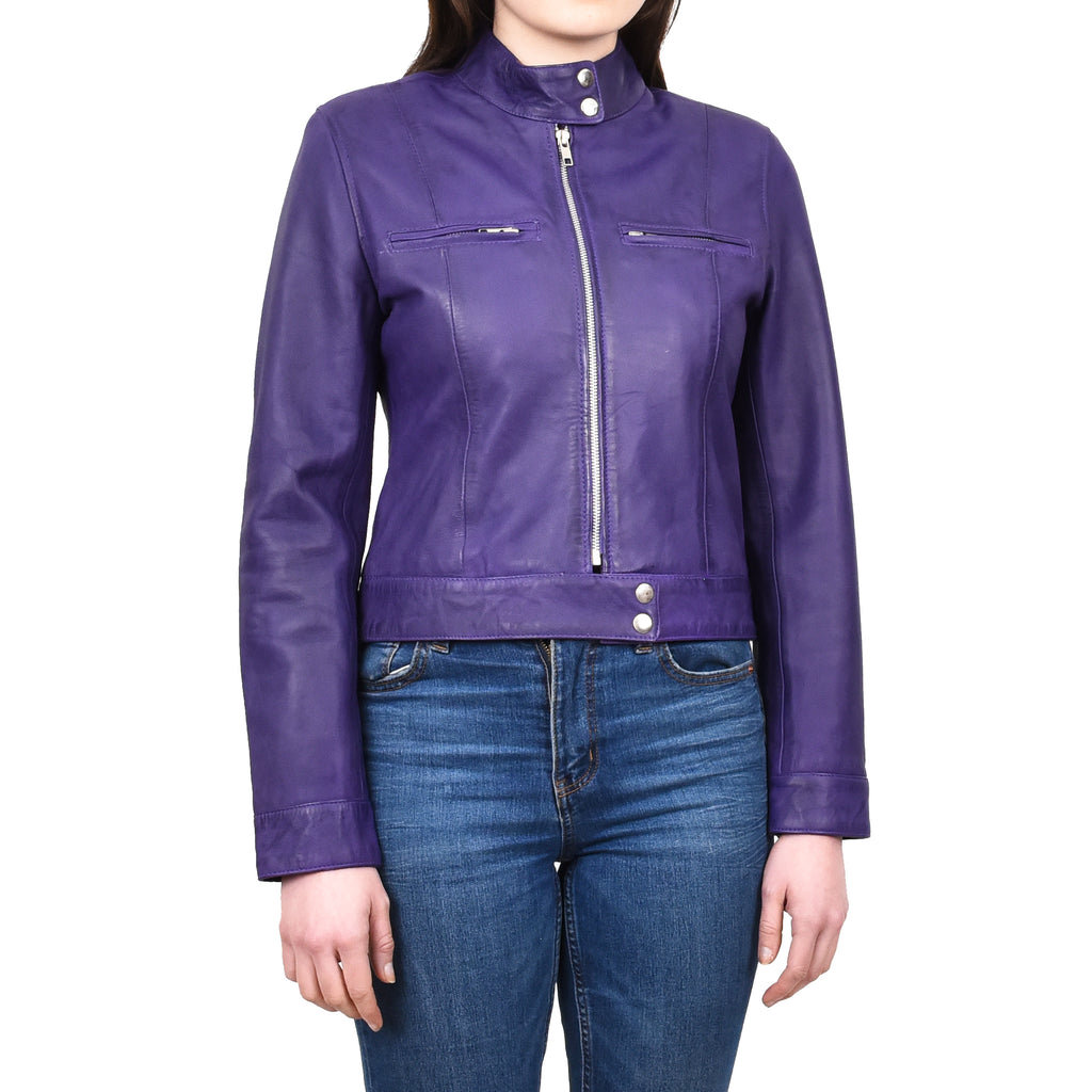 Women's Real Leather Biker Jacket Band Collar Short Slim Fit Trine Purple 1